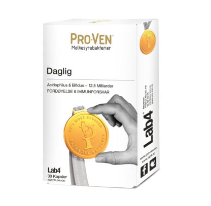 Pro-Ven Daglig – Acidophilus & Bifidus – Lab4 Hele 12,5 milliarder Lab4 melkesyrebakterier + vitamin C & D, kalsium, sink og selen pr kapsel for daglig bruk. Et utmerket daglig tilskudd for god fordøyelse og godt immunforsvar.