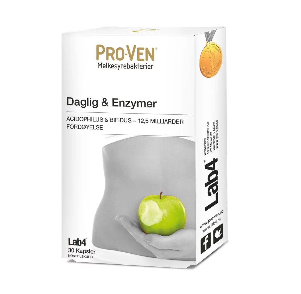 Pro-Ven Daglig & Enzymer – Acidophilus & Bifidus – Lab4 12,5 milliarder Lab4 melkesyrebakterier pr kapsel for daglig bruk. + Enzymer: Lipase, Protease og Amylase. 30 vegetabilske kapsler.