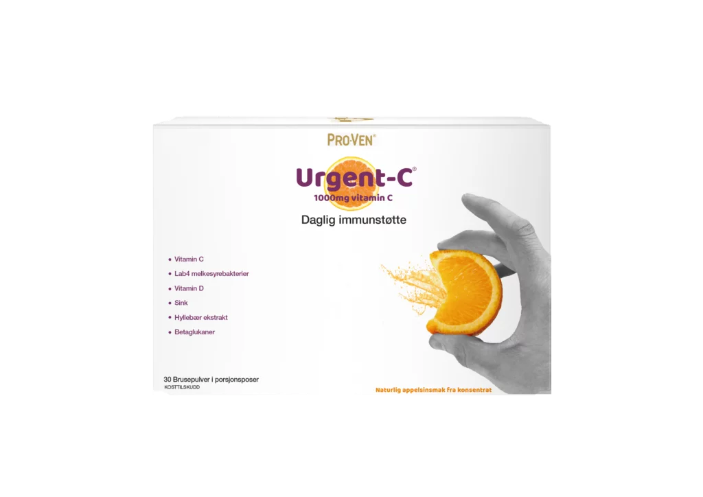 Urgent-C – Daglig immunstøtte 1000mg vitamin C pr pose med vitamin D, sink og selen for å støtte immunforsvaret + hyllebær ekstrakt og betaglukan 1,3 & 1,6 + 5 milliarder Lab4 melkesyrebakterier + Brusepulver med naturlig appelsinsmak i porsjonsposer